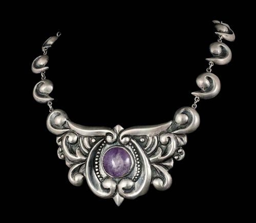 early Taxco Mexican silver repousse and amethyst pectoral Necklace