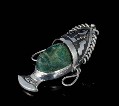 Los Ballesteros Mexican silver carved stone "mask" Pin Brooch Pendant