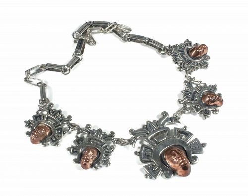 stunning Gerardo Lopez Mexican silver copper "masks" Necklace