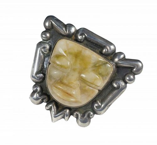 early Mexican Deco 900 silver and agate "mask" Pin Brooch