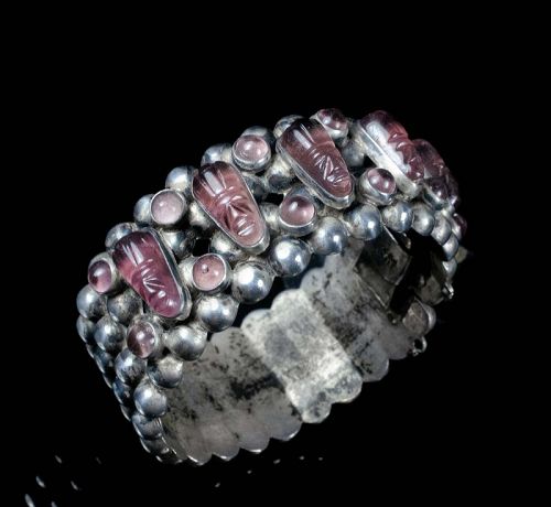Mexican Deco silver repousse spheres "masks" Bracelet