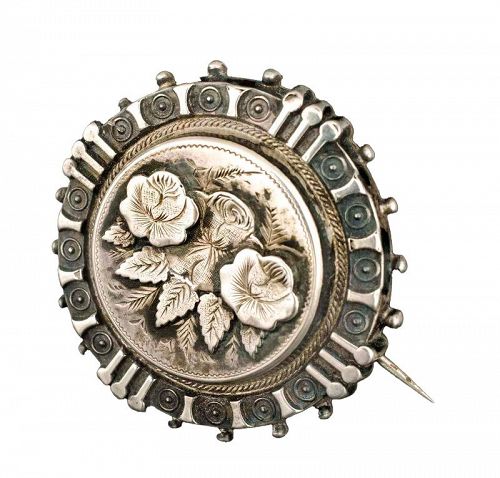 antique Victorian silver Pin Brooch ~ aesthetic "roses and leaves"