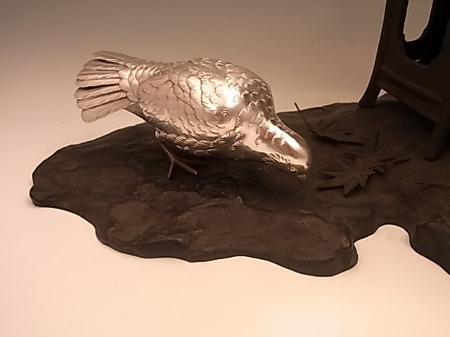 Japanese Early 20th C. Silver and Bronze Pidgeon and Lantern Okimono