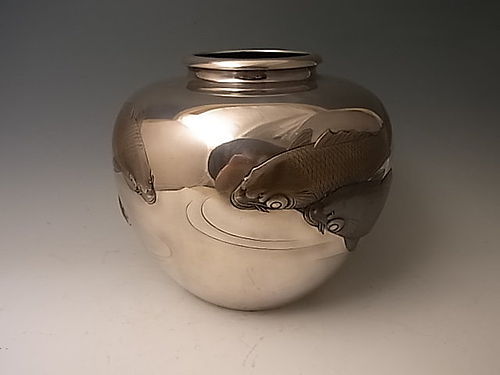 Japanese E. 20th C. Silver Koi Vase by Shozan