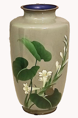 Japanese Early-Mid 20th C. Cloisonne Vase with Snail and Plant Design