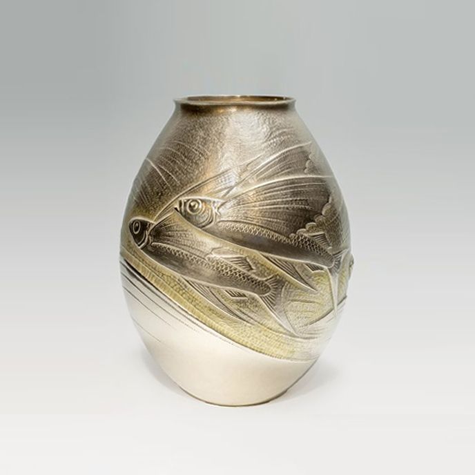 Japanese 20th C. Lg. Silver Flying Fish Design Vase by Tsuchiya Kyohei