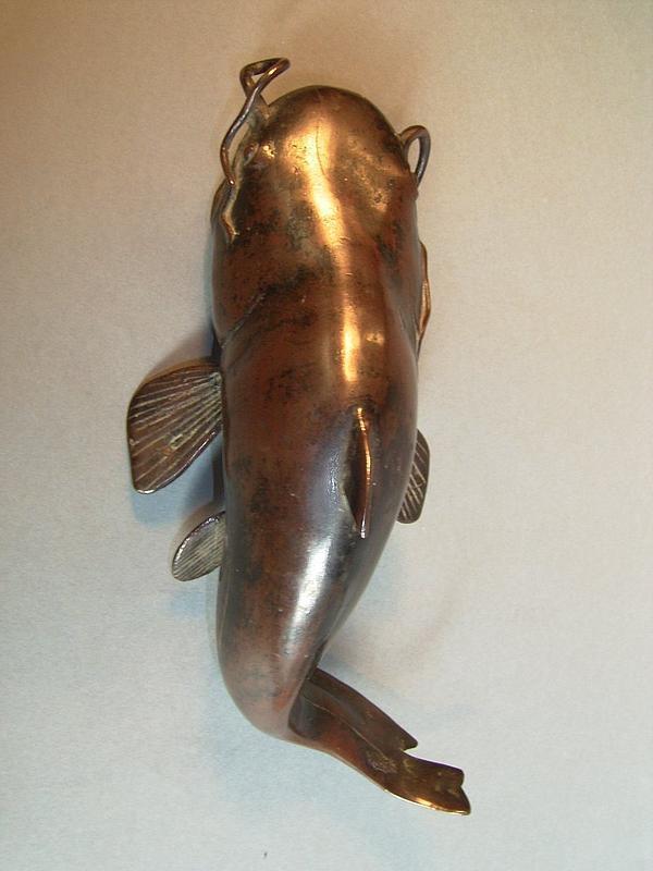 Japanese E.-Mid 19th C. Bronze Catfish Wall Pocket