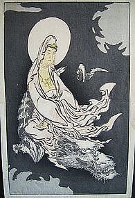 Japanese Edo Period Hokusai print of Goddess on Dragon
