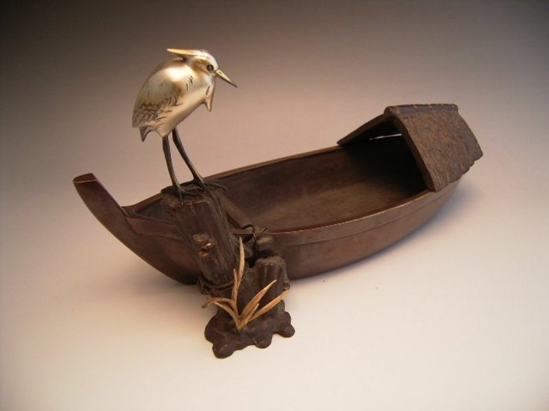 Japanese E. 20th C. bronze boat and heron by Shusei