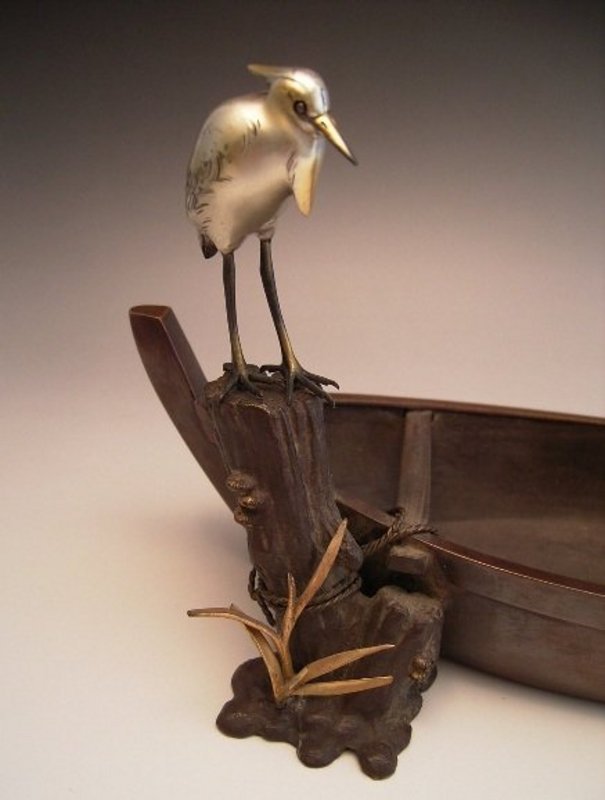 Japanese E. 20th C. bronze boat and heron by Shusei