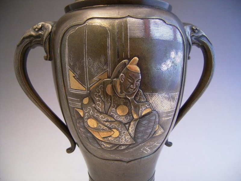 Japanese Meiji Period Bronze Poet Design Bronze Vase