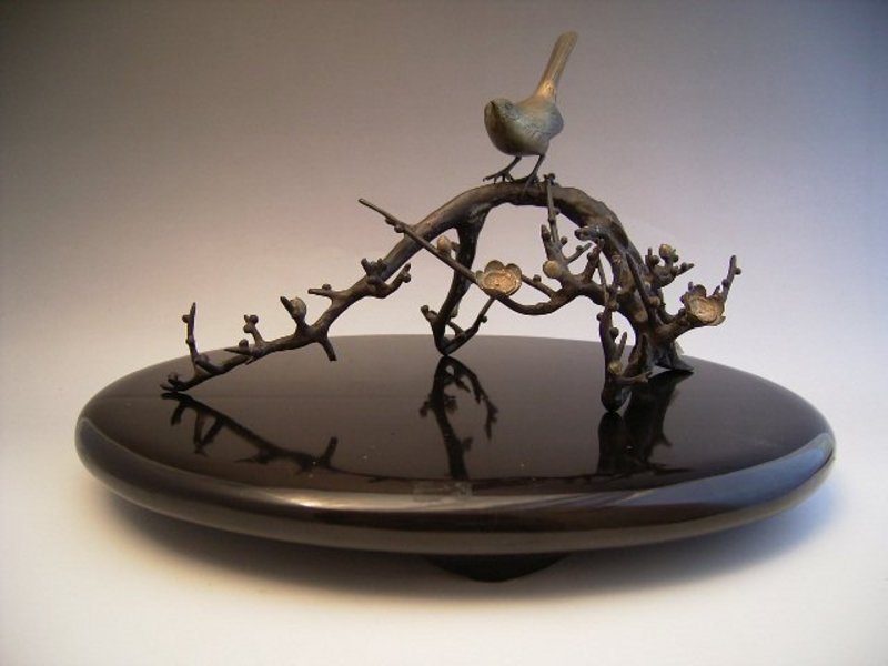 Japanese E. 20th C. Bronze Plum Tree and Nightingale