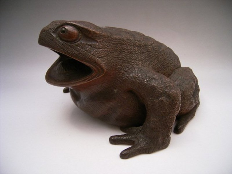 Japanese Meiji Period Large Wooden Carving of Frog