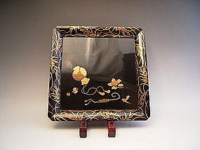 Japan Late 19th Century Black and Gold Lacquer Tray