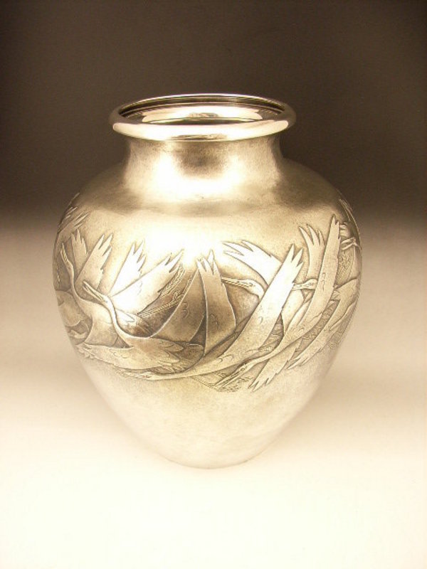 Japanese 20th Century Large Silver Crane Design Vase