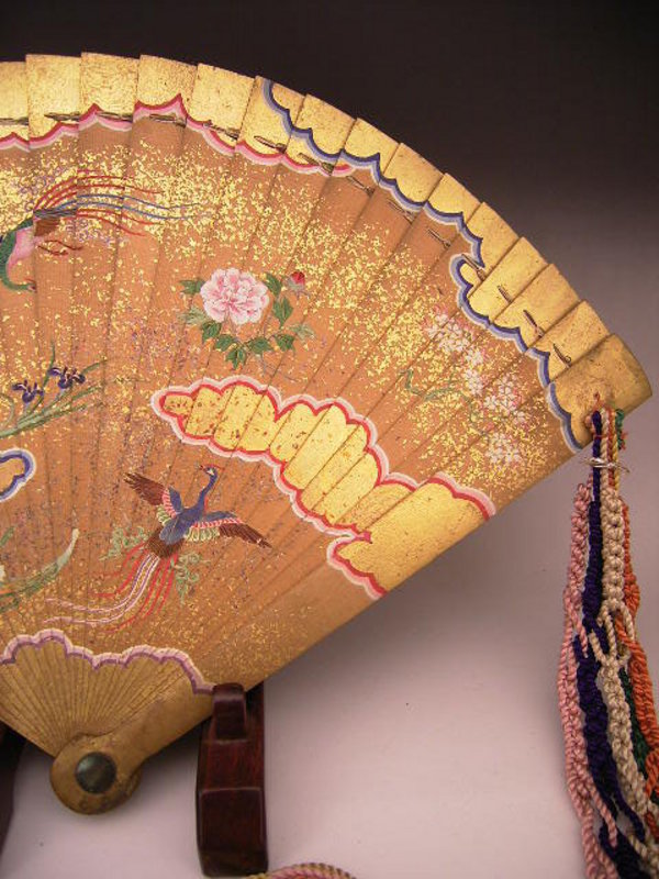 Japanese Edo Period Painted Wooden Fan w Silk Tassels