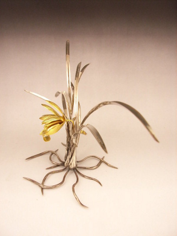 Japanese E. 20th C. Silver Cymbidium Orchid Okimono