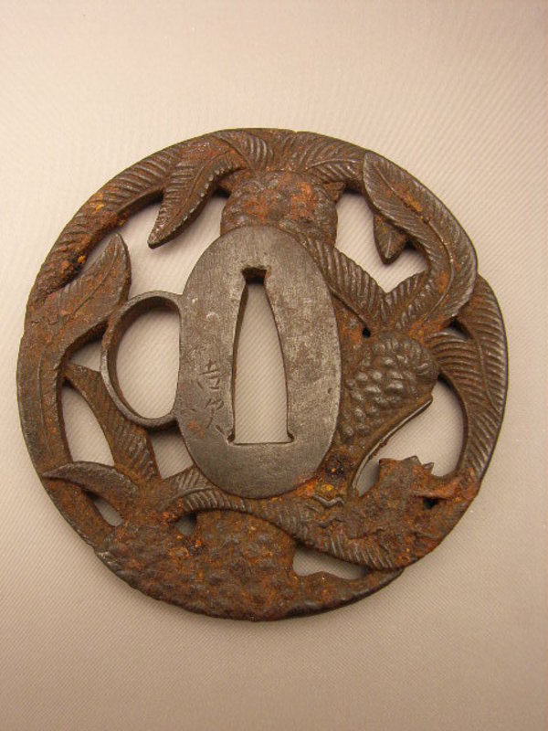 Japanese Mid Edo Period Akao Tsuba with Palm Design