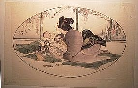 Japanese Woodblock Print - "Baby Talk" by Helen Hyde