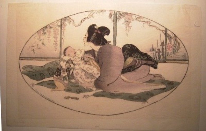 Japanese Woodblock Print - "Baby Talk" by Helen Hyde