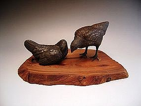 Japanese Meiji Bronze Okimono of Chickens