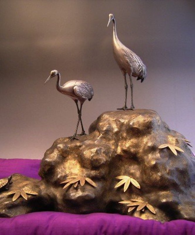 Japanese Mid 20th Century Silver Cranes and Bronze Base