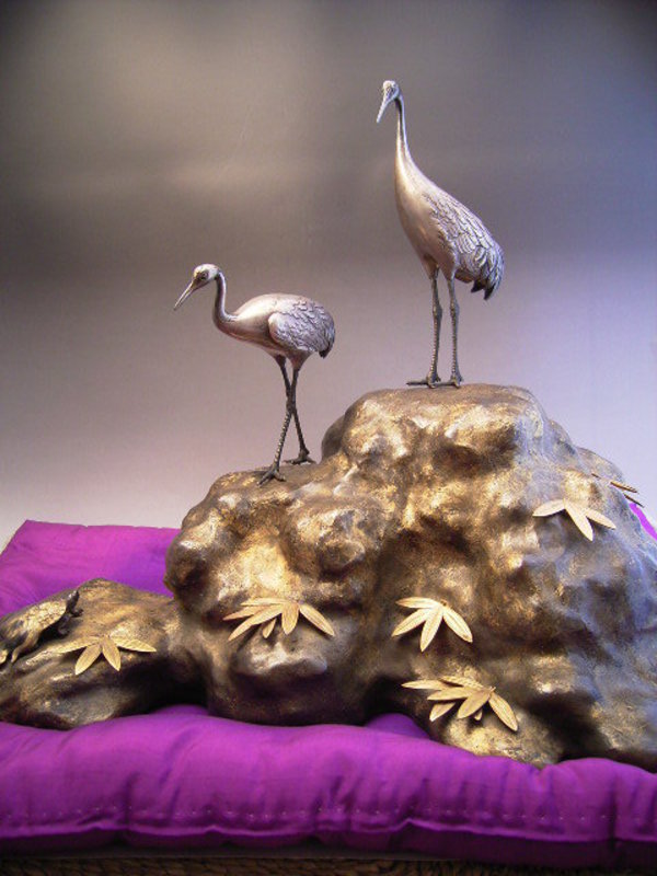 Japanese Mid 20th Century Silver Cranes and Bronze Base