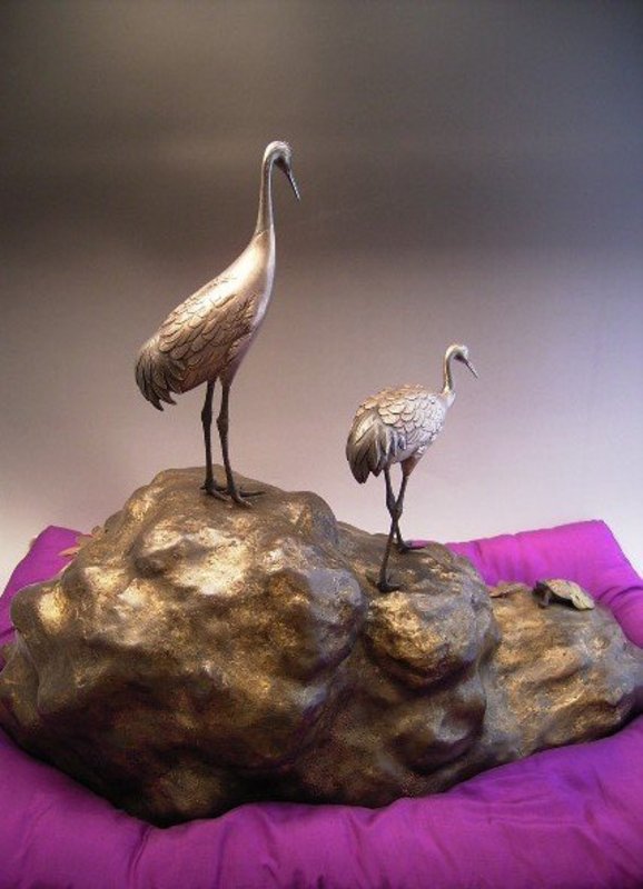 Japanese Mid 20th Century Silver Cranes and Bronze Base