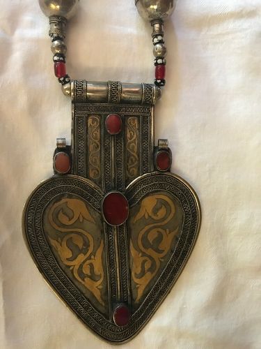 Antique Turkmen Silver & Carnelian Asyk Pendant Breastplate Necklace