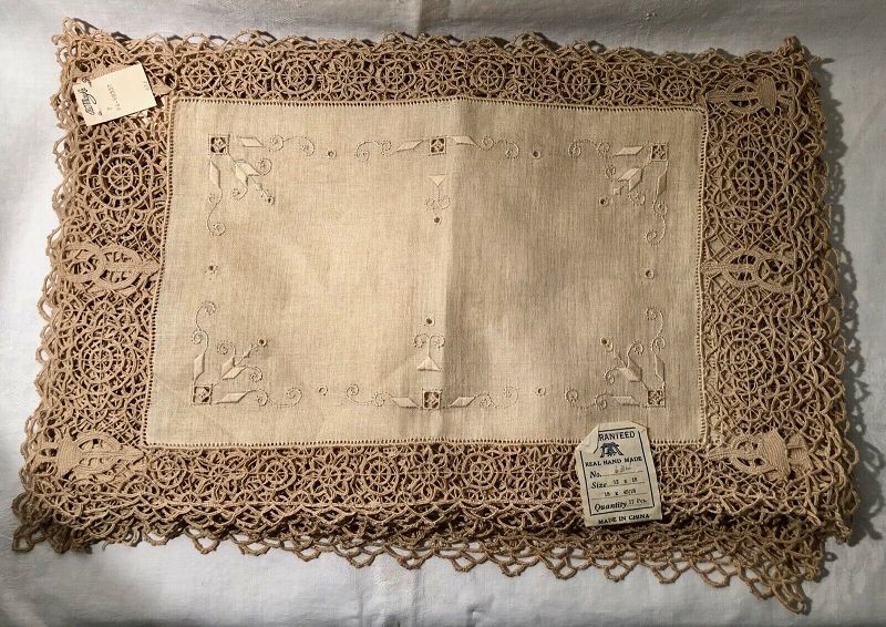 One Dozen Hand Made Lace &amp; Linen Table Placemats New Old Stock