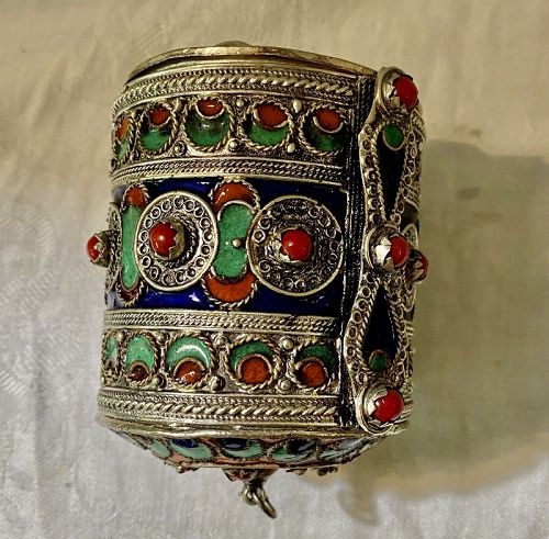 Antique Berber Moroccan Nickel Silver Hinged Bracelet & Box