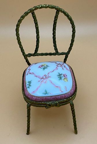 Pink & White Porcelain Limoges Trinket Box Brass Chair 1960's