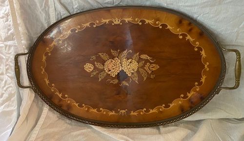 Vintage Sorrento Italy Inlaid Wood  and Brass Tray