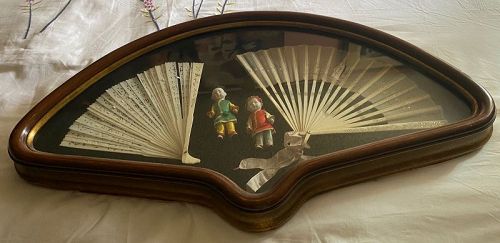 Two Antique Fans , Bisque Dolls in Wood Shadow Box Collection Diorama