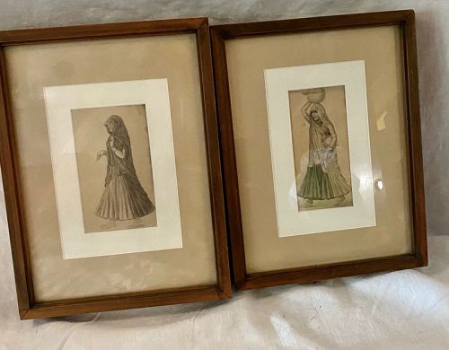 Vintage Pair Watercolor and Pencil Drawing Of Two Indian India Woman