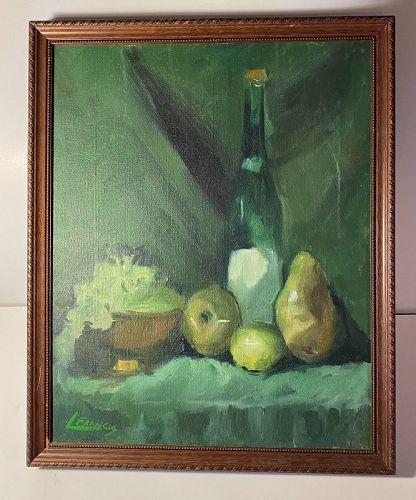 Green Still Life Painting  Fruits Wine Signed Francis