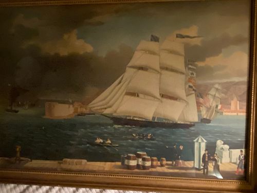 Antique American Clipper Ship & Wharf Scene Print