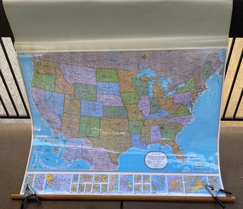 Large Laminated Hammond USA Collector Series Wall Map with Wood Poles