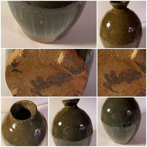 Drip Glaze Olive Green Signed Studio Pottery Vase 12.5"