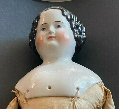 Antique Victorian 23" China Head Doll With Black Hair