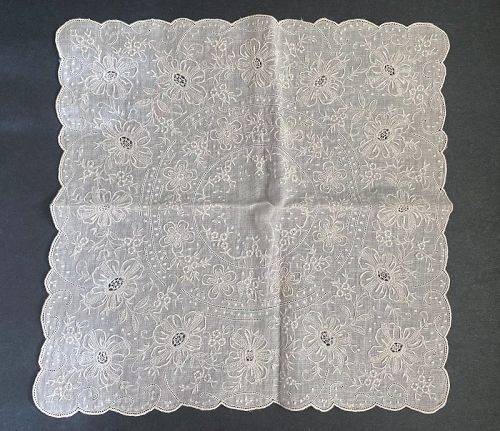 Vintage White Fancy Wedding Linen European Embroidered Handkerchief
