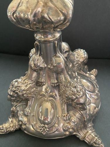 Victorian Silver Plate tall candlestick with Crouching Lions