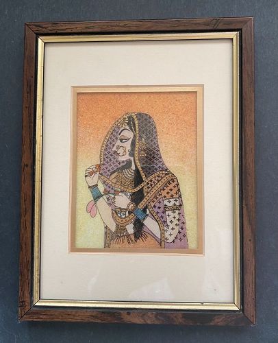 Framed & Matted Inlaid Semi Precious Gem Stone Picture of Indian Woman