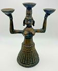 Brass Bronze Gujarat Tribal Woman Holding Two Bowls Candle Holde