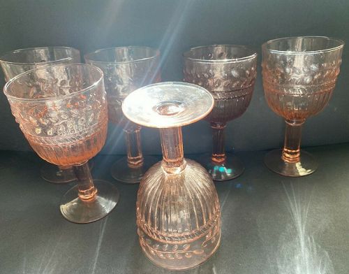 Six Pink Vintage Wine/Water Goblets Glasses Leaf Pattern