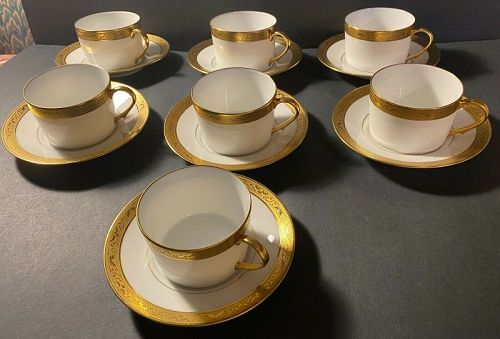 Seven Pristine Raynaud Limoges Ceraline Porcelain Gold & White Flat Cu
