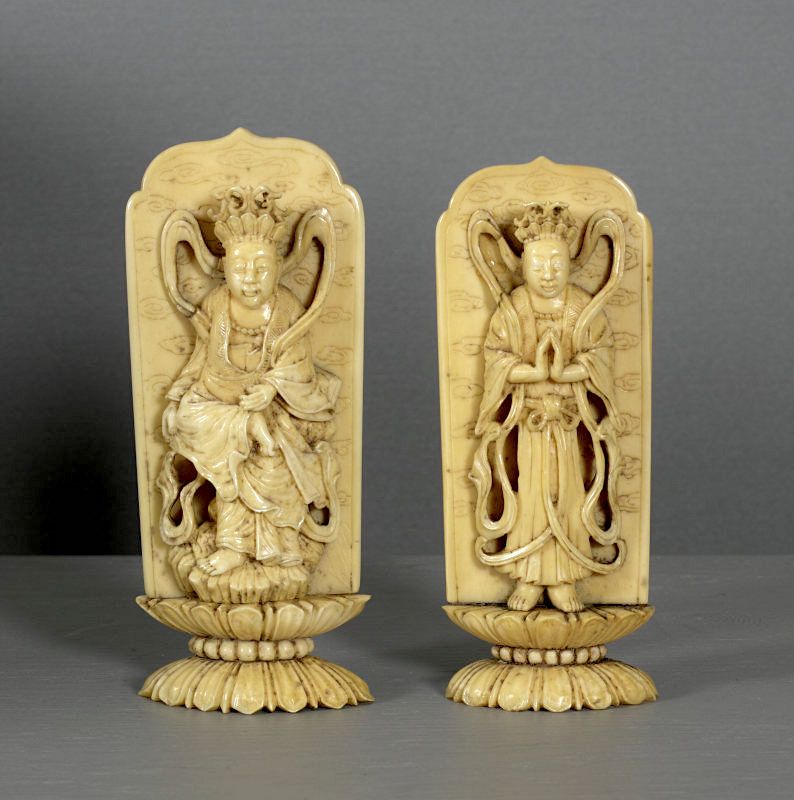 Two old Japanese carved walrus tusk Buddhist steles