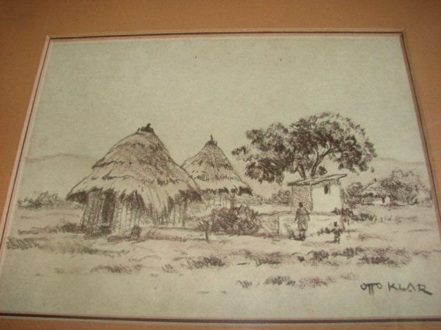 South African Artist OTTO KLAR Huts Figures - Landscape