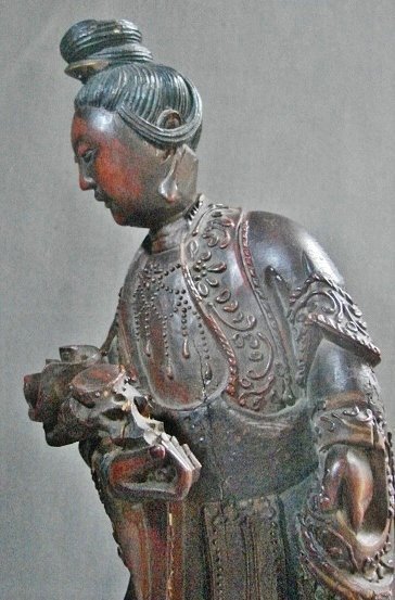 19th Century Red Lacquer Standing Quan Yin with Ruyi Scepter