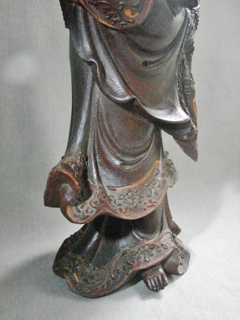 19th Century Red Lacquer Standing Quan Yin with Ruyi Scepter